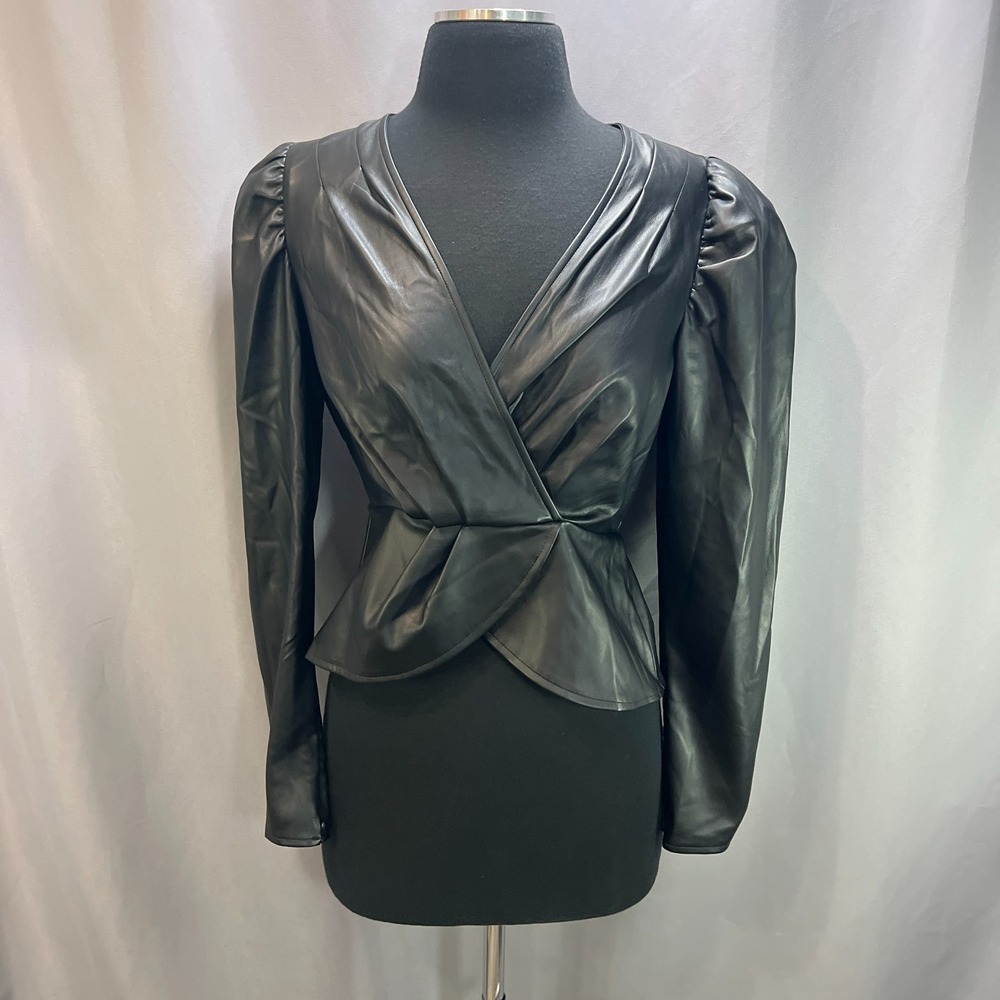 Express Faux Leather Wrap Top Womens XS Black Peplum Hem Puff Shoulder V Neck